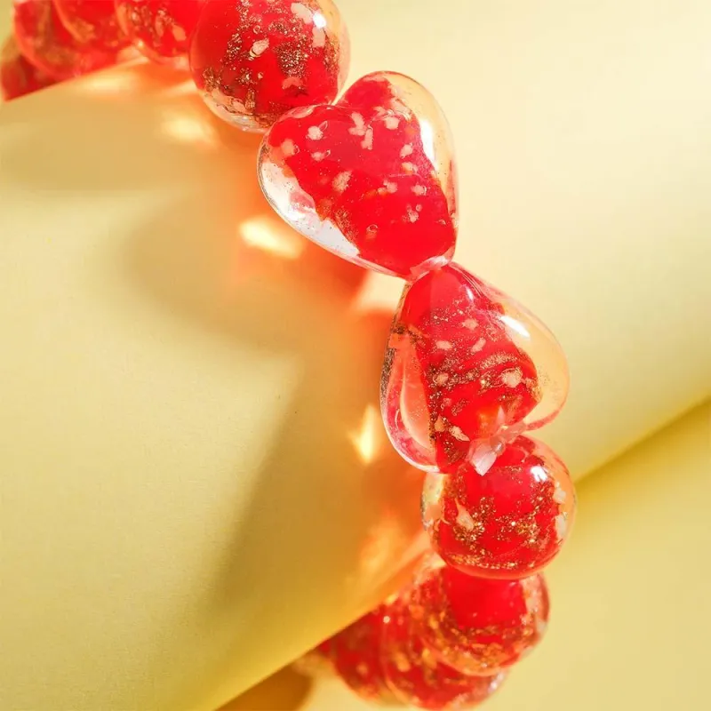 Red Heart-to-Heart Firefly Glass Stretch Beaded Bracelet Glow in the Dark Luminous Bracelet 2