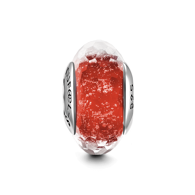 Red Ice Crystal Faceted Charm Murano Glass Bead Silver