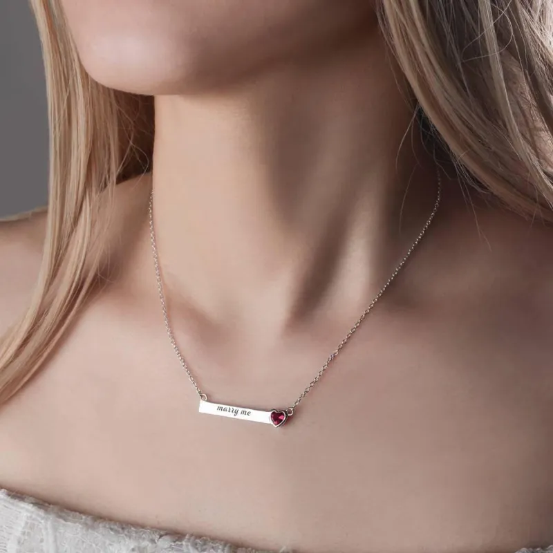 Rose Heart Bar Necklace with Engraving Silver 2