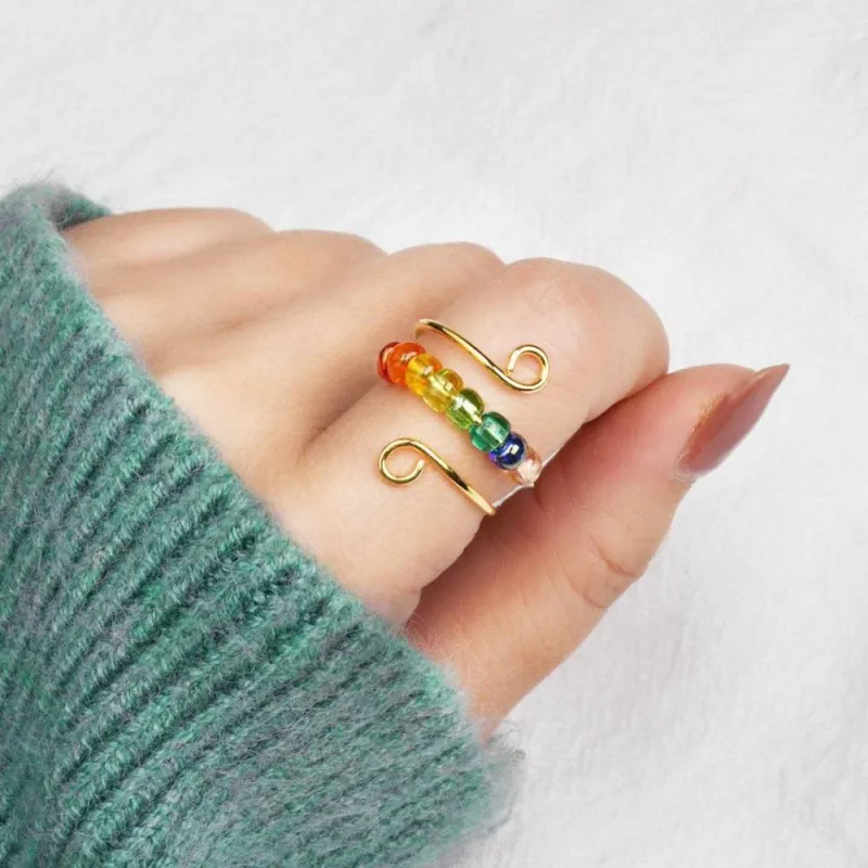 Rotating Ring Relieving Anxiety Adjustable Rainbow Fidget Ring Jewelry Gift for Women