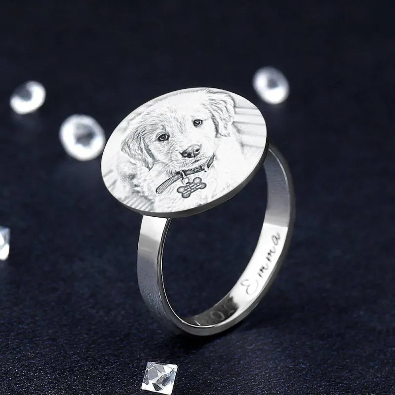 Round Photo Engraved Ring with Engraving Platinum Plated Silver 3