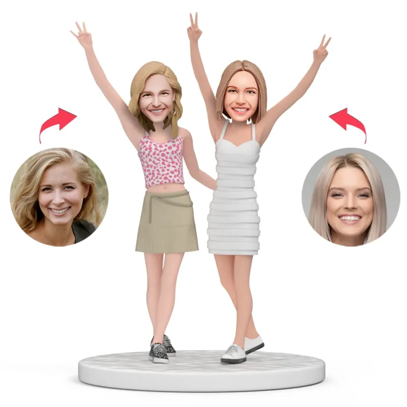 Sisters Cheering Up Custom Bobblehead With Engraved Text