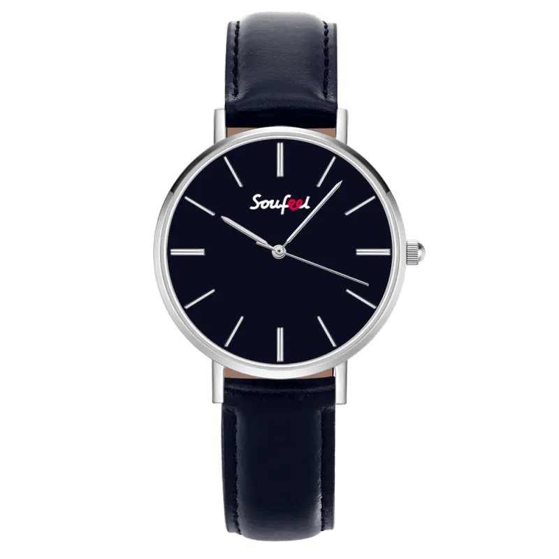 Soufeel Unisex Classic Watch Dark Blue Leather Strap 40mm