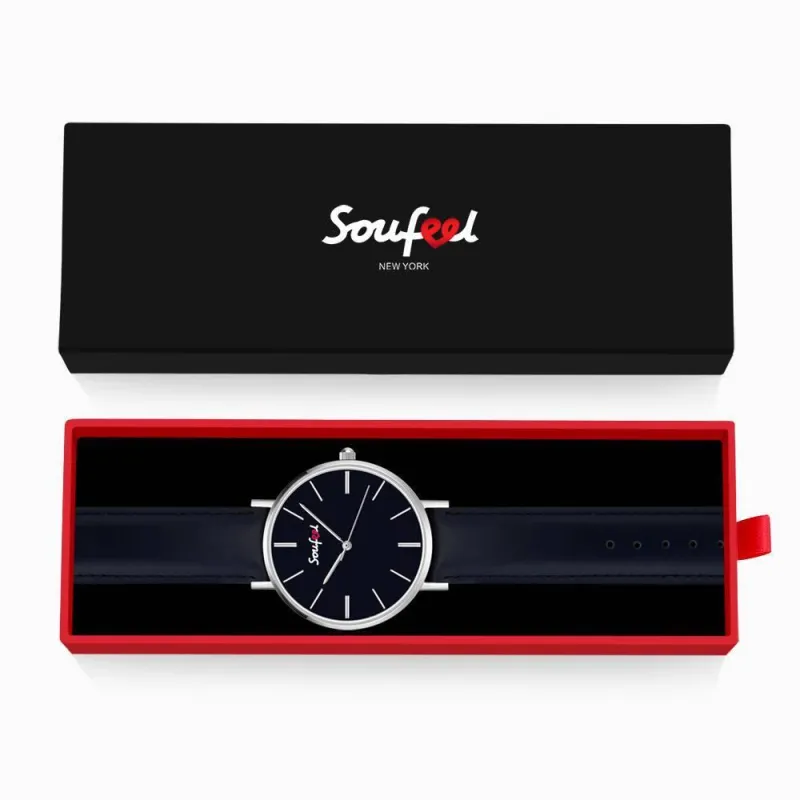 Soufeel Unisex Classic Watch Dark Blue Leather Strap 40mm 5