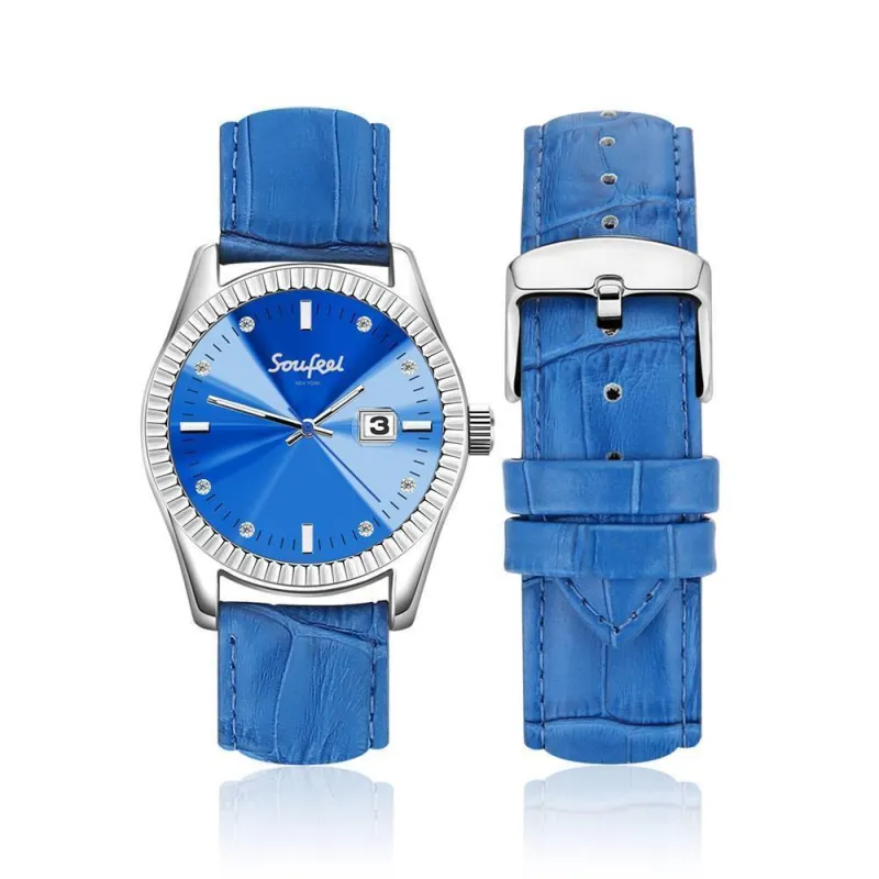 Soufeel Women's Soufeel Crystal Watch Blue Leather Strap 38.5mm 2