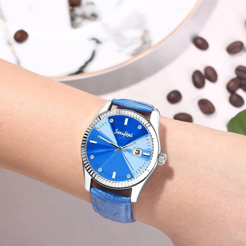 Soufeel Women's Soufeel Crystal Watch Blue Leather Strap 38.5mm 3