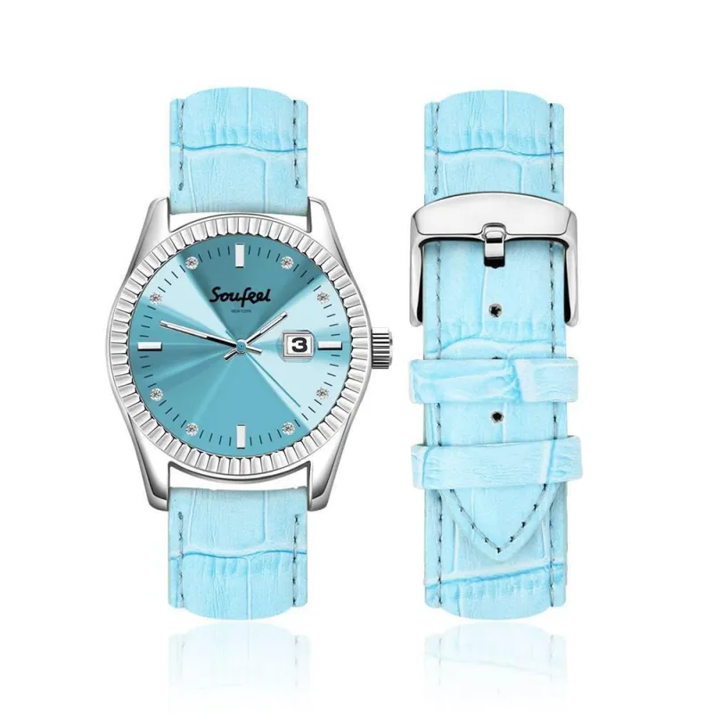 Soufeel Women's Soufeel Crystal Watch Light Blue Leather Strap 38.5mm 2