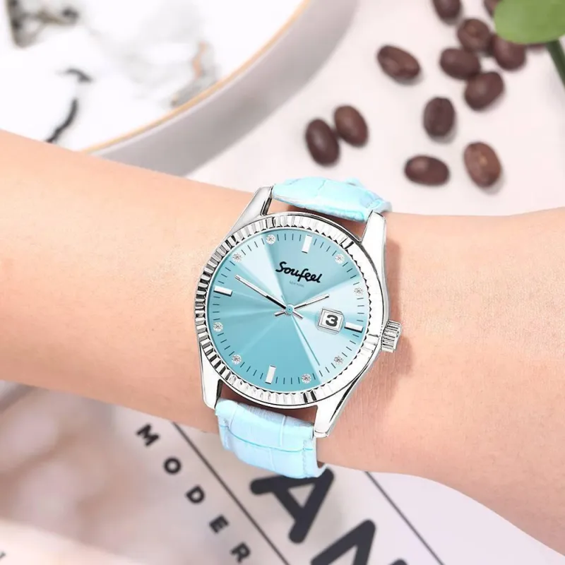 Soufeel Women's Soufeel Crystal Watch Light Blue Leather Strap 38.5mm 3