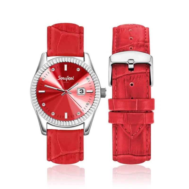 Soufeel Women's Soufeel Crystal Watch Red Leather Strap 38.5mm 2