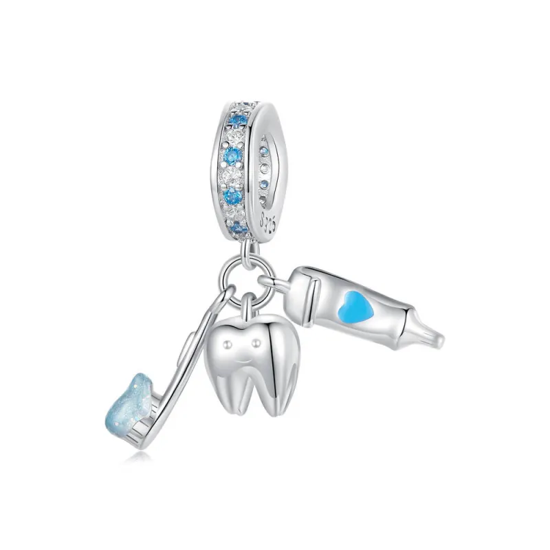 Teeth Brushing Three Piece Pendant Set Dangle Charm Silver