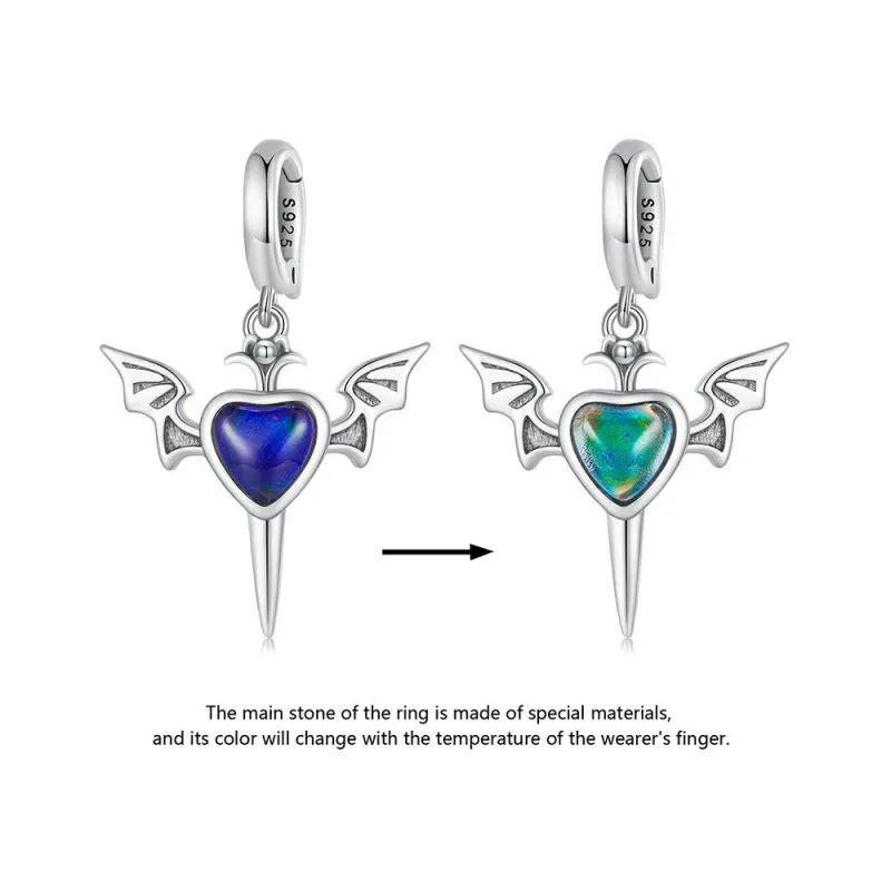 Temperature Discoloration Angel Wings Opening and Closing Buckle Dangle Charm Silver