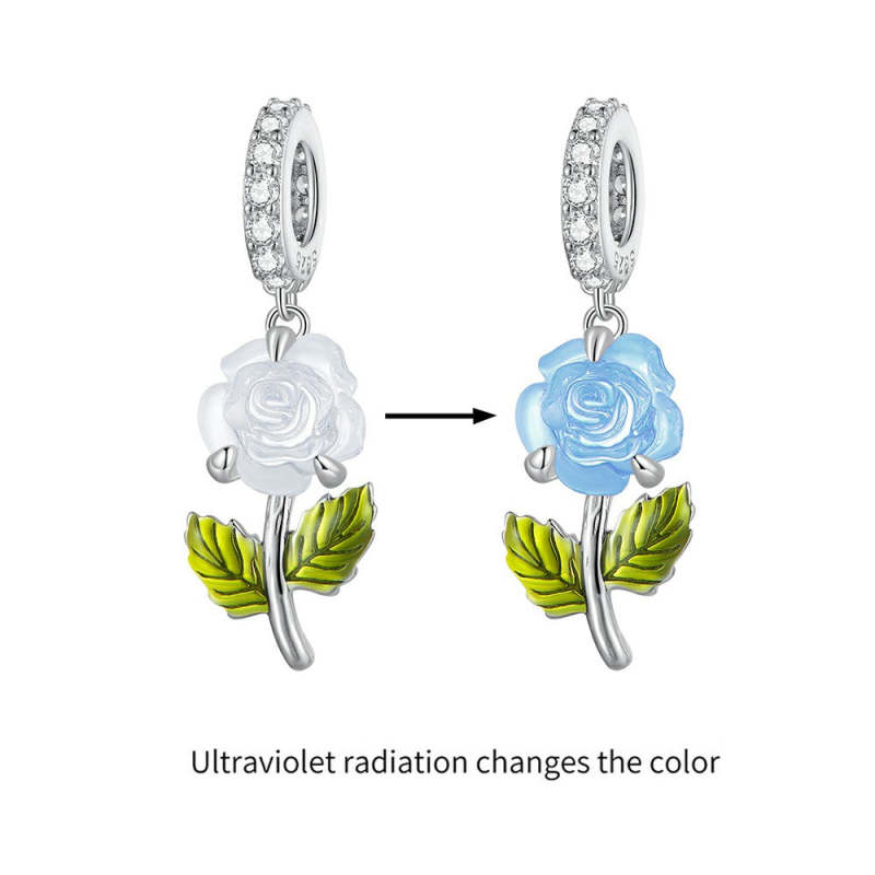 Temperature Discoloration Crystal Blue Rose Dangle Charm Silver