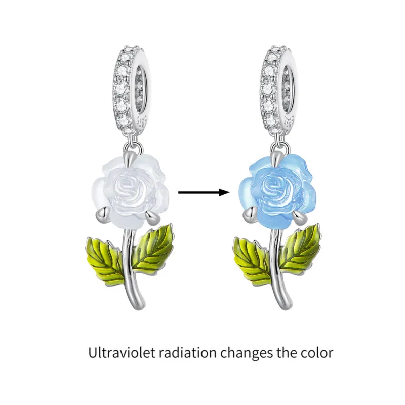 Temperature Discoloration Crystal Blue Rose Dangle Charm Silver 3