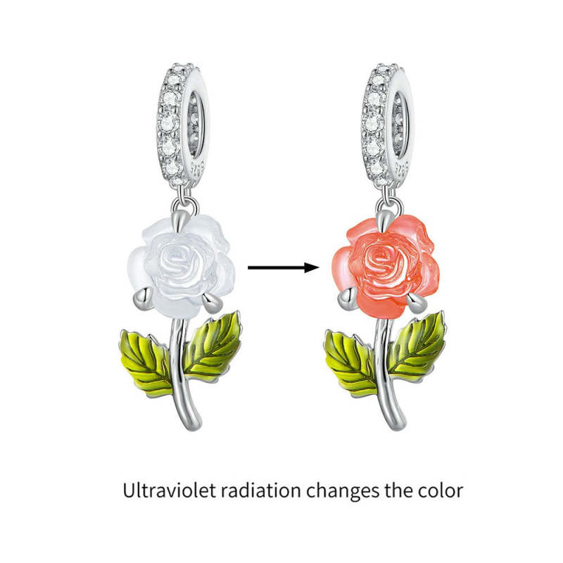 Temperature Discoloration Crystal Orange Rose Dangle Charm Silver