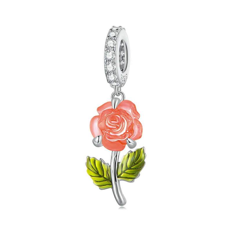 Temperature Discoloration Crystal Orange Rose Dangle Charm Silver 2