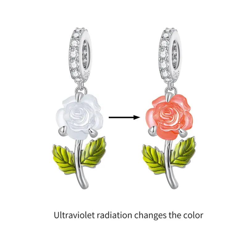 Temperature Discoloration Crystal Orange Rose Dangle Charm Silver 3