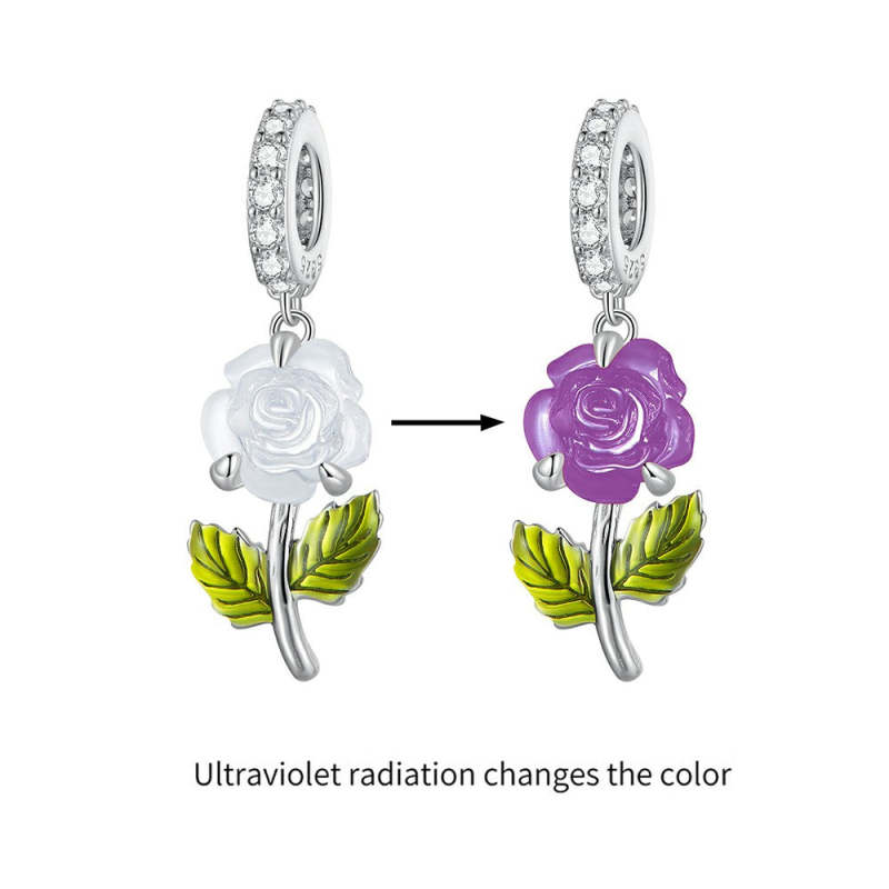 Temperature Discoloration Crystal Purple Rose Dangle Charm Silver