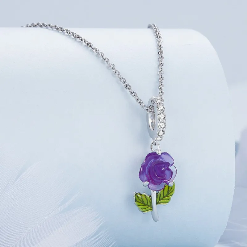 Temperature Discoloration Crystal Purple Rose Dangle Charm Silver 1