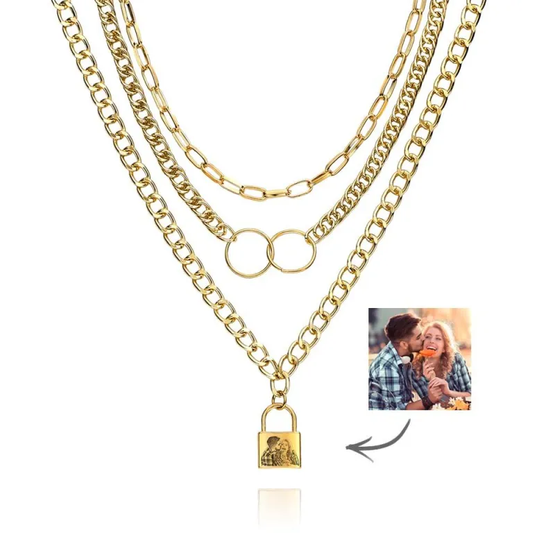 Triple Chain Set Personalized Photo Necklace with Lock