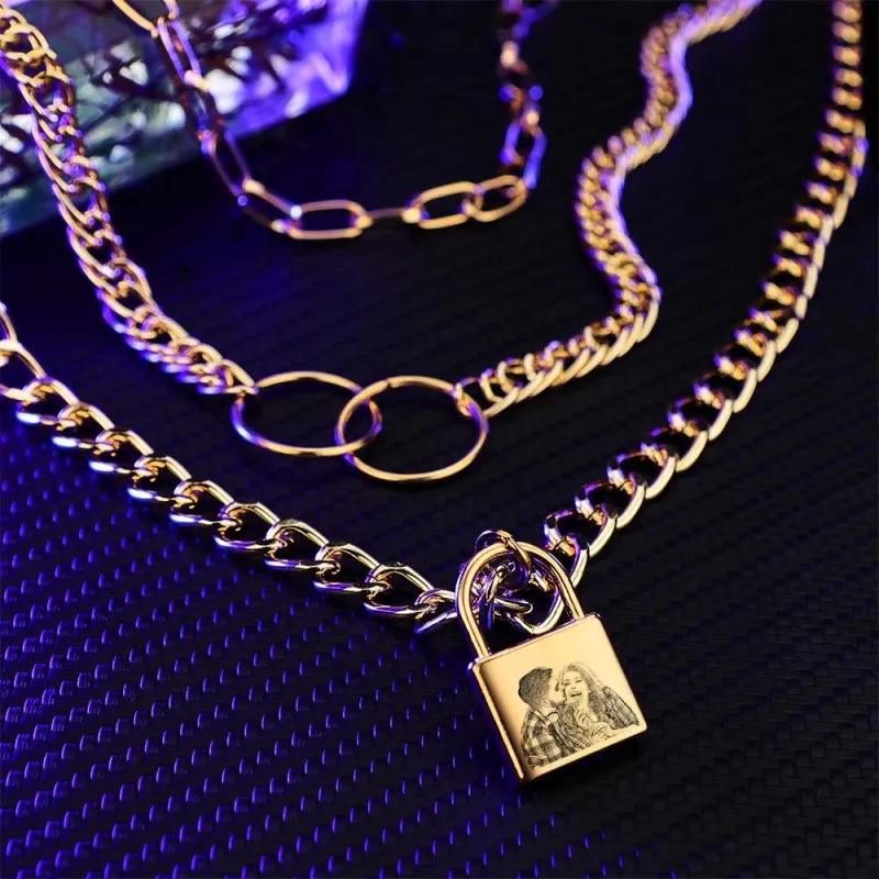 Triple Chain Set Personalized Photo Necklace with Lock 2