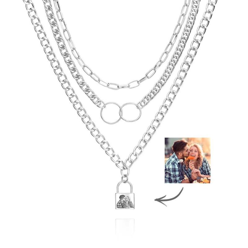 Triple Chain Set Personalized Photo Necklace with Lock 6