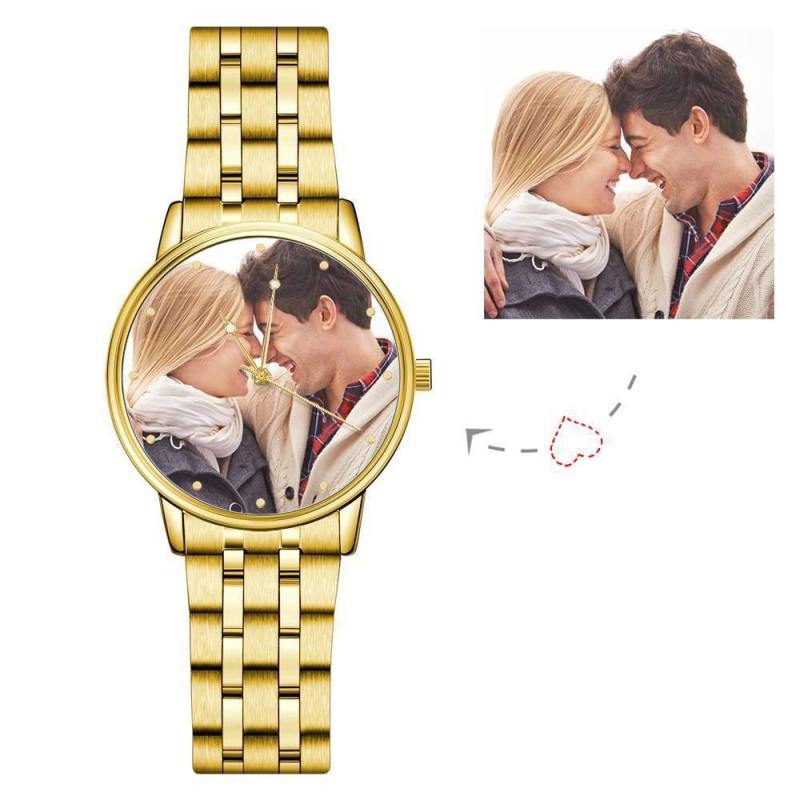 Unisex Engraved Gold Alloy Bracelet Photo Watch 40mm