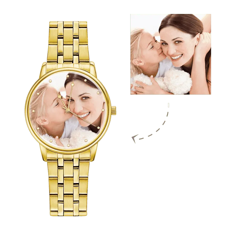 Unisex Engraved Gold Alloy Bracelet Photo Watch 40mm 1