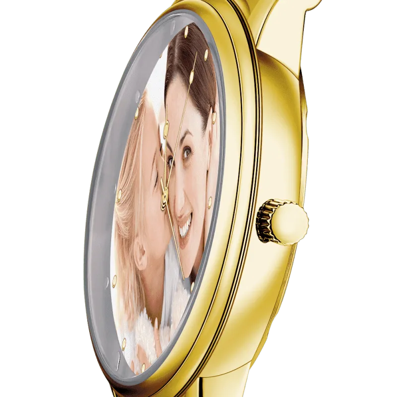 Unisex Engraved Gold Alloy Bracelet Photo Watch 40mm 2