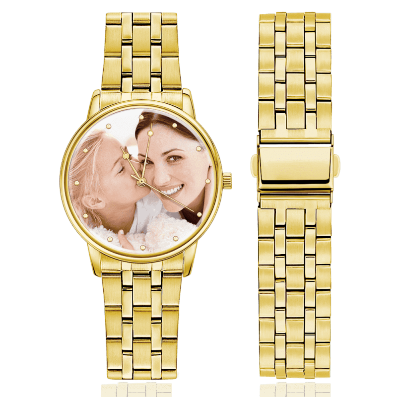 Unisex Engraved Gold Alloy Bracelet Photo Watch 40mm 5