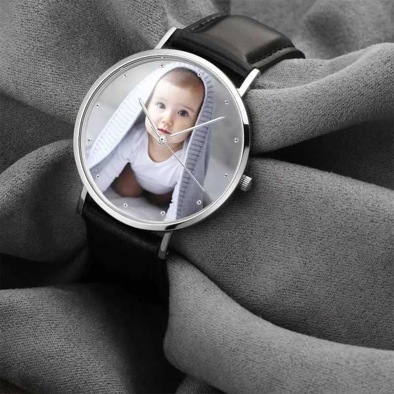 Unisex Engraved Photo Watch Black Leather Strap 40mm Memorial Gift For Her 3