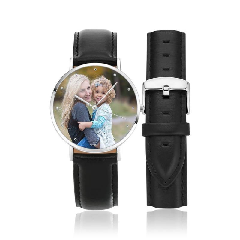 Unisex Engraved Photo Watch Black Leather Strap 40mm Memorial Gift For Her 4