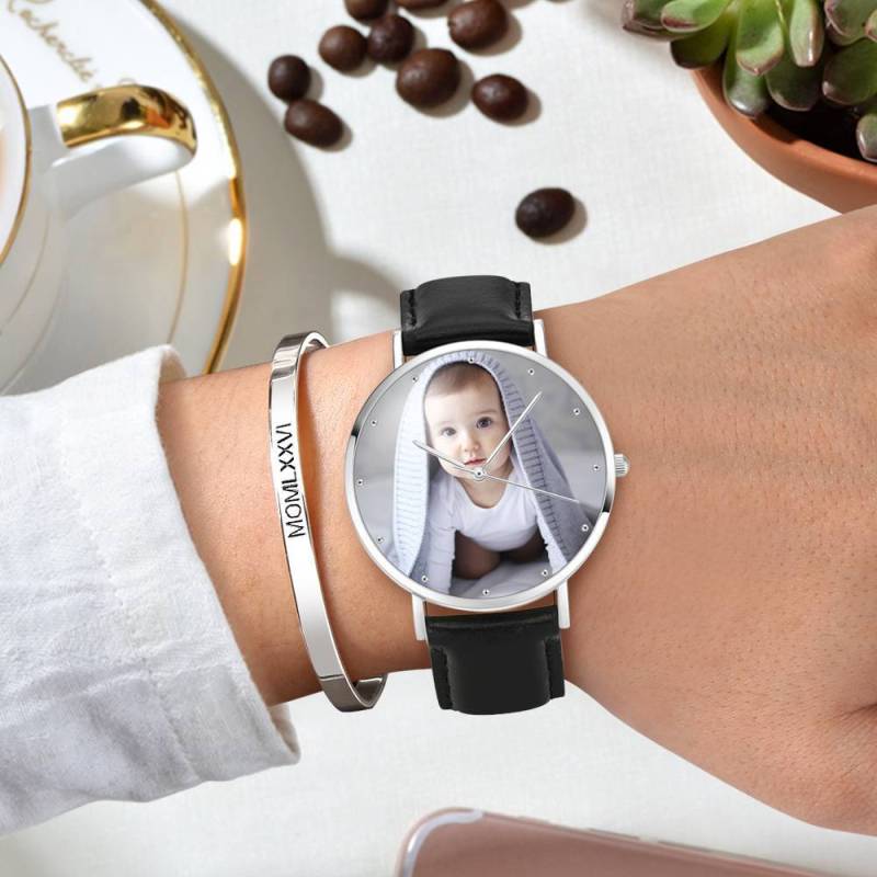 Unisex Engraved Photo Watch Black Leather Strap 40mm Memorial Gift For Her 6