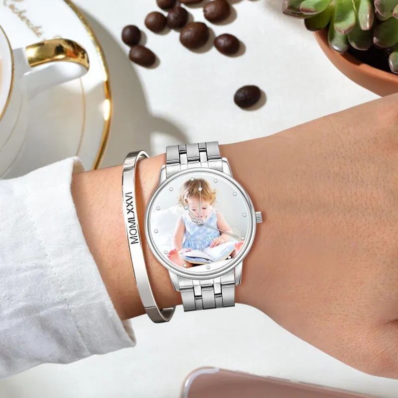 Unisex Personalized Engraved Photo Watch Alloy Bracelet Custom Photo Watch 40mm 6