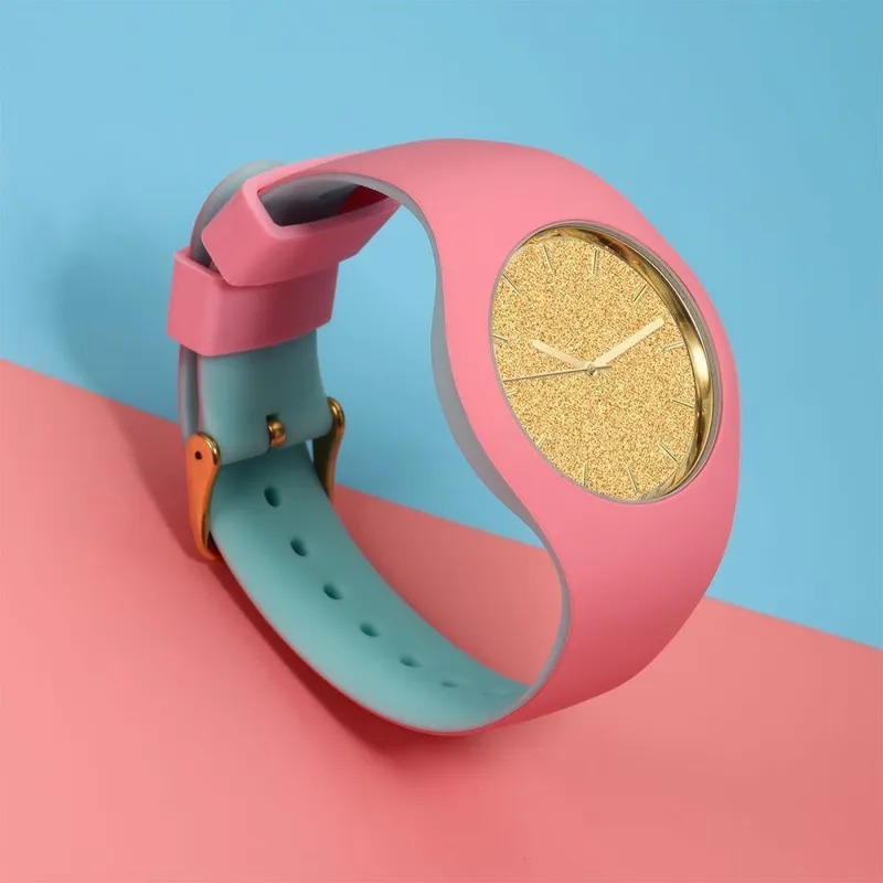 Unisex Silicone Engraved Watch Unisex Engraved Watch  41mm Pink and Blue Strap - Golden 3