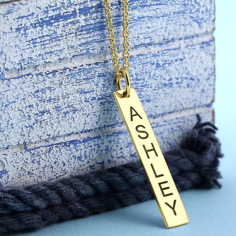 Vertical Bar Necklace with Engraving 14k Gold Plated 3