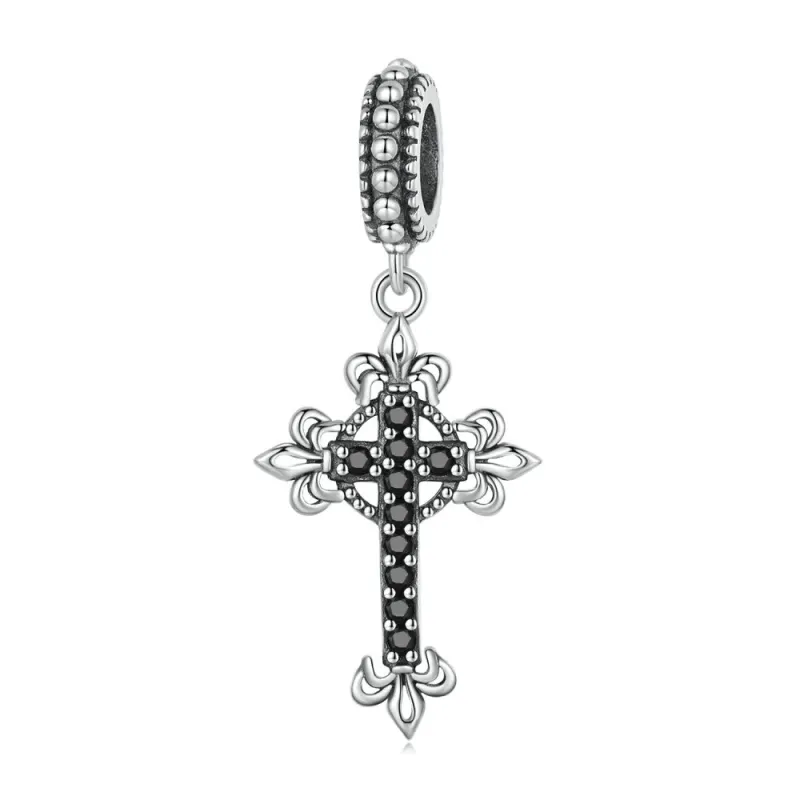 Vintage Black Cross Dangle Charm Silver