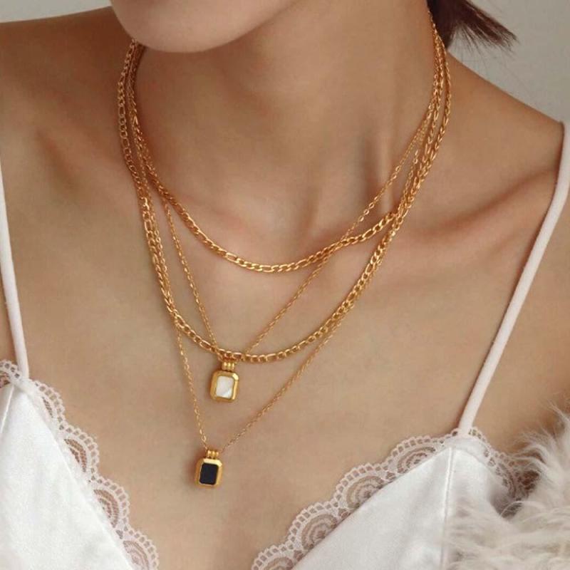 Vintage Gold Double Layered Necklace Set Black/White Necklace Mother of Pearl Necklace 3