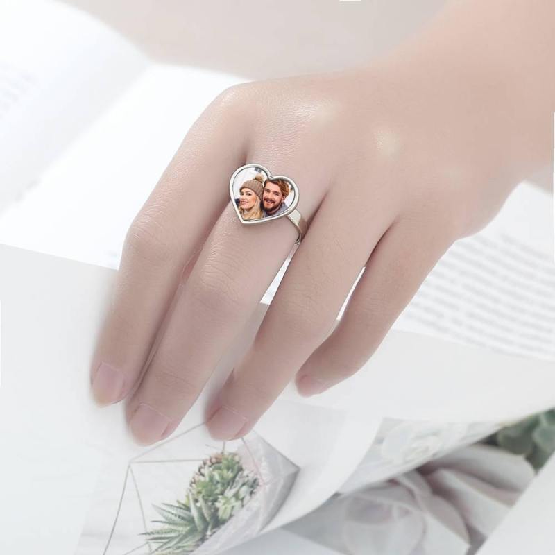 Women's Heart Photo Ring with Engraving Silver 3